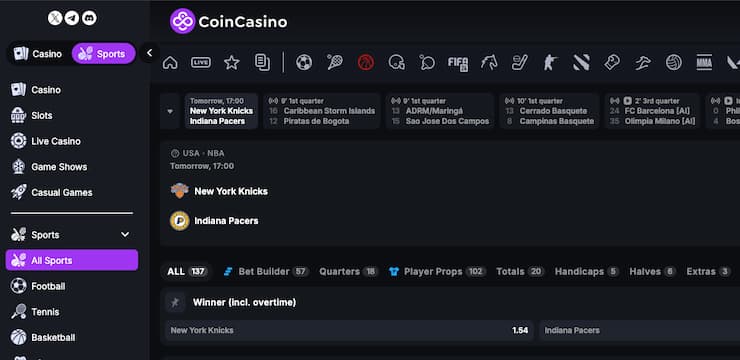 An image of odds on the New York Knicks at CoinCasino, one of the best New York sportsbooks